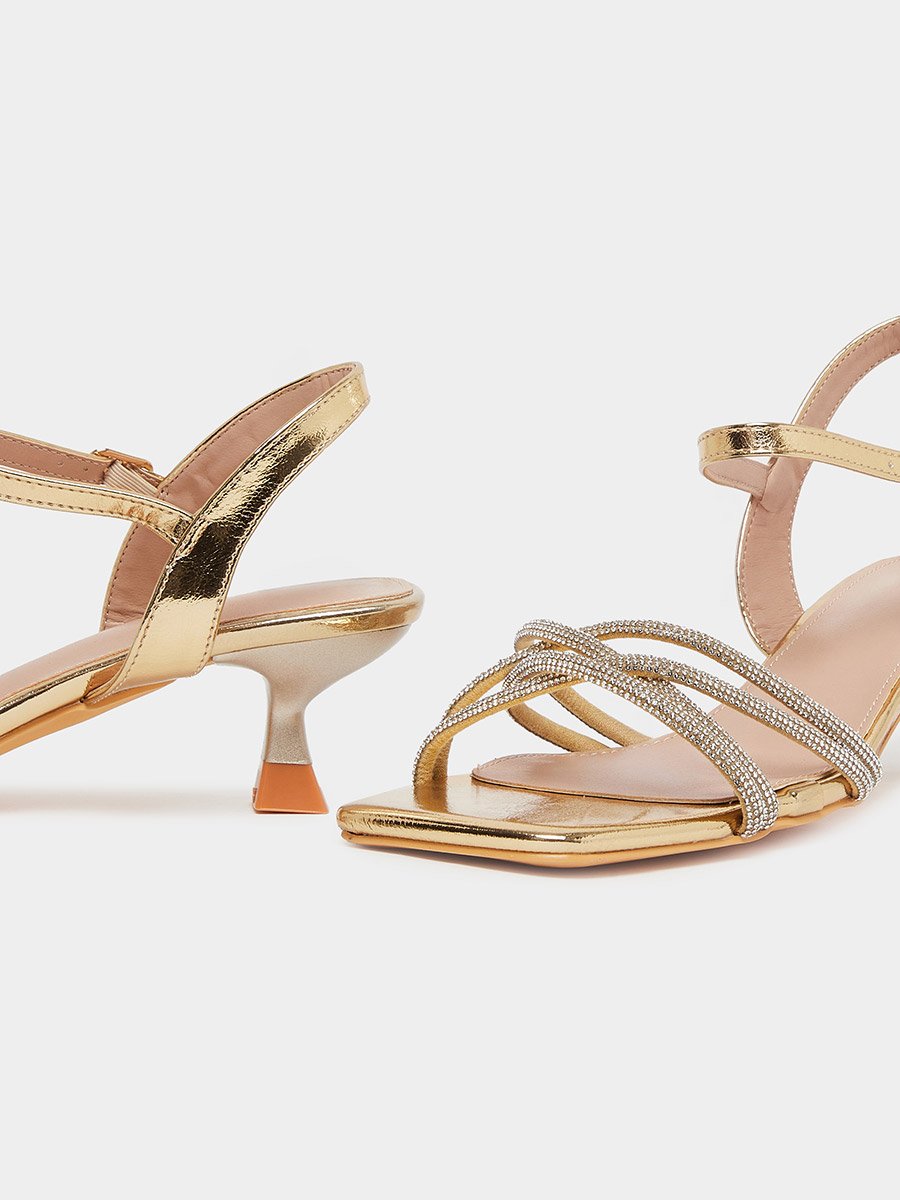 Gold Embellished Strappy Kitten Heel Sandals