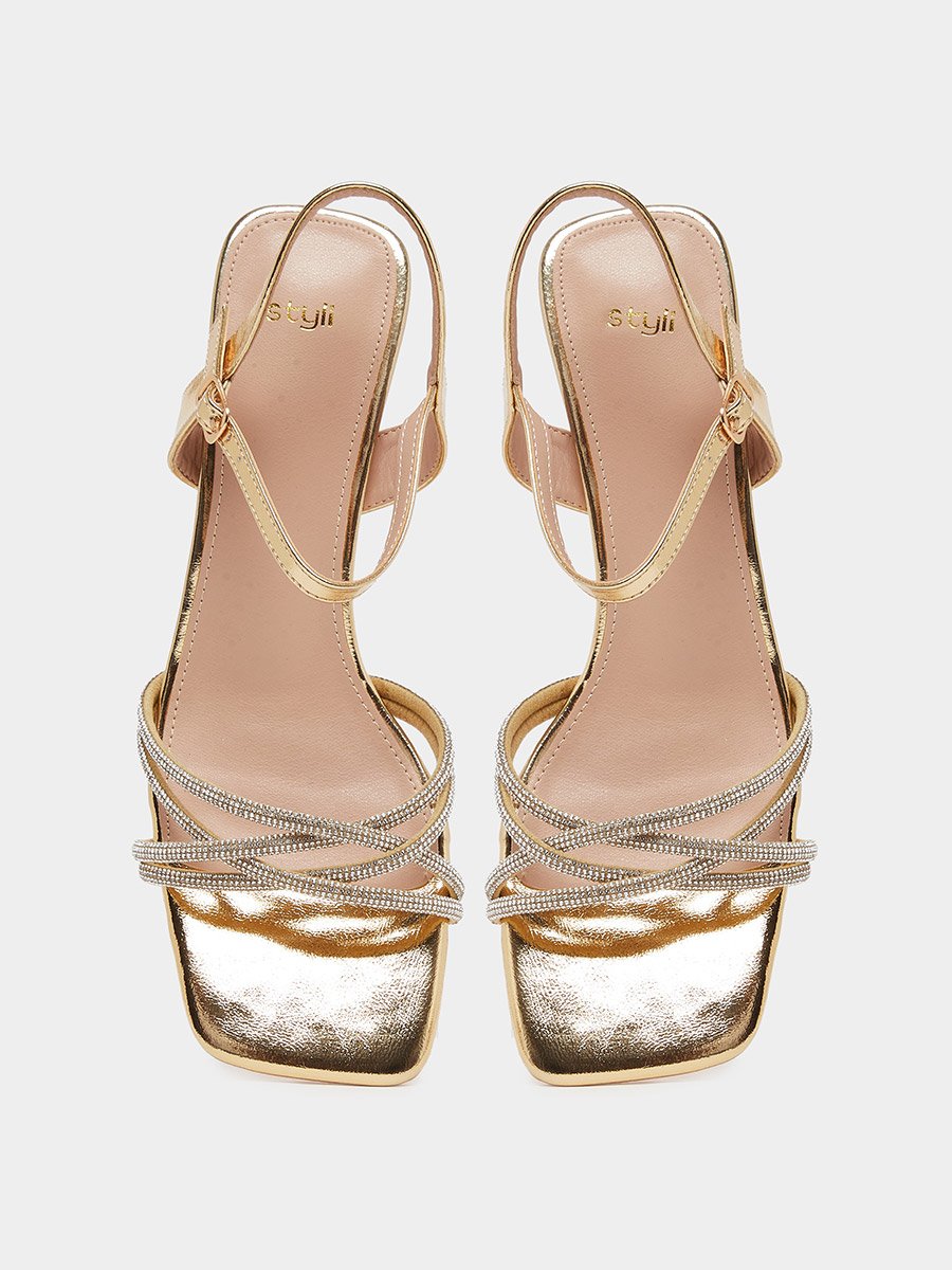 Gold Embellished Strappy Kitten Heel Sandals