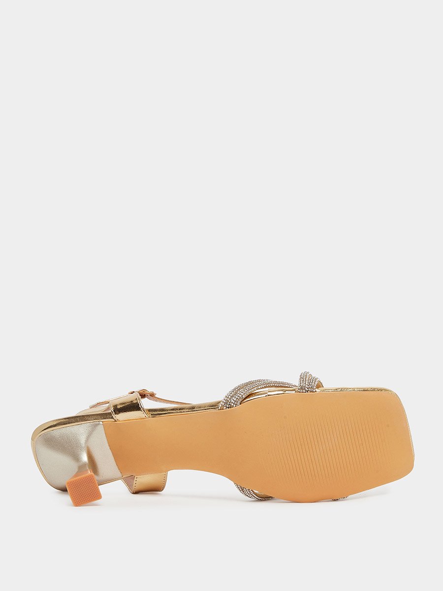 Gold Embellished Strappy Kitten Heel Sandals