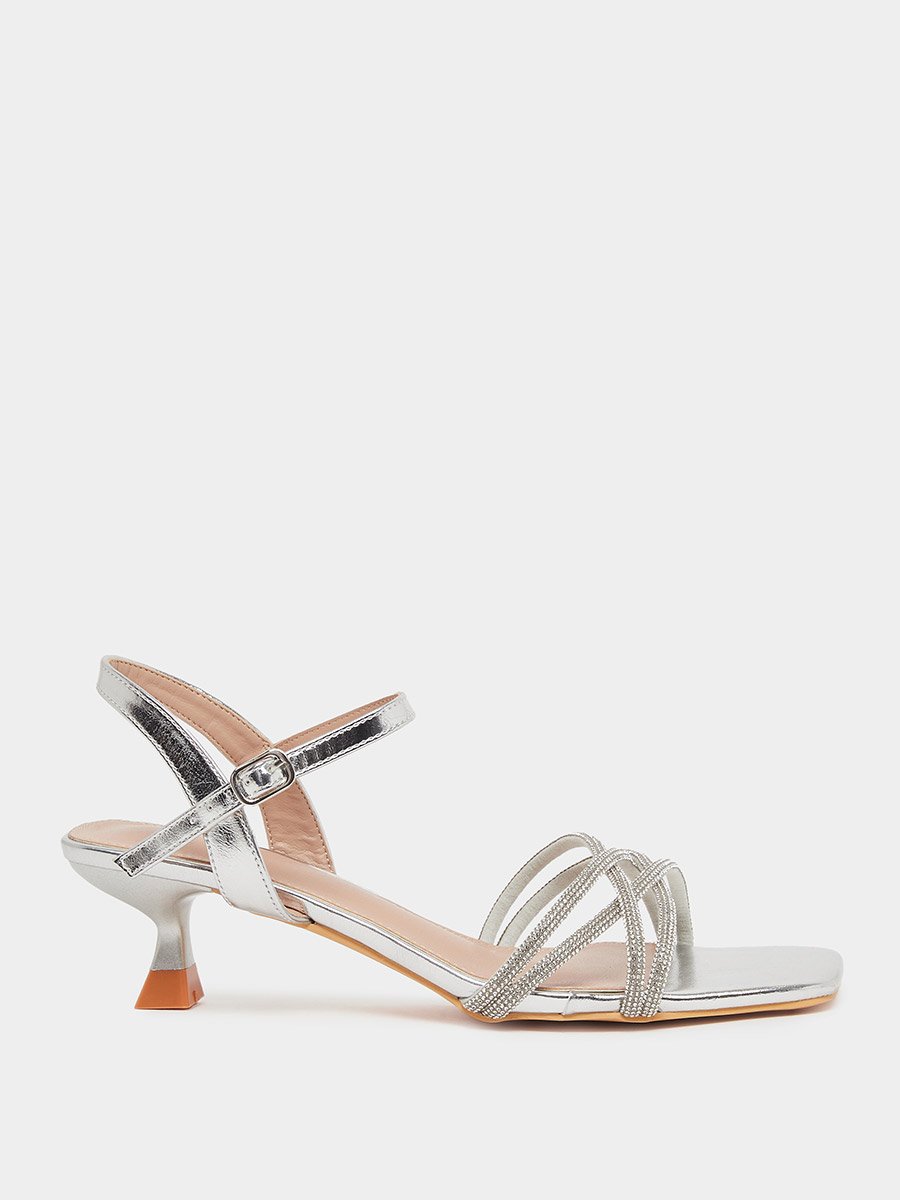 Silver Embellished Strappy Kitten Heel Sandals