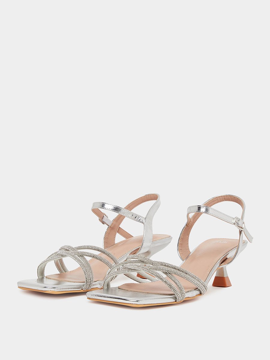 Silver Embellished Strappy Kitten Heel Sandals