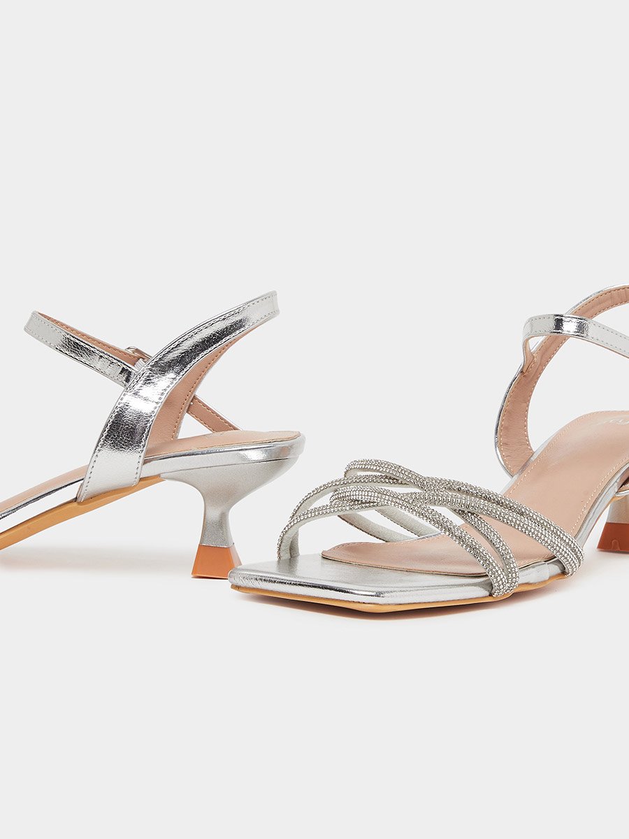 Silver Embellished Strappy Kitten Heel Sandals
