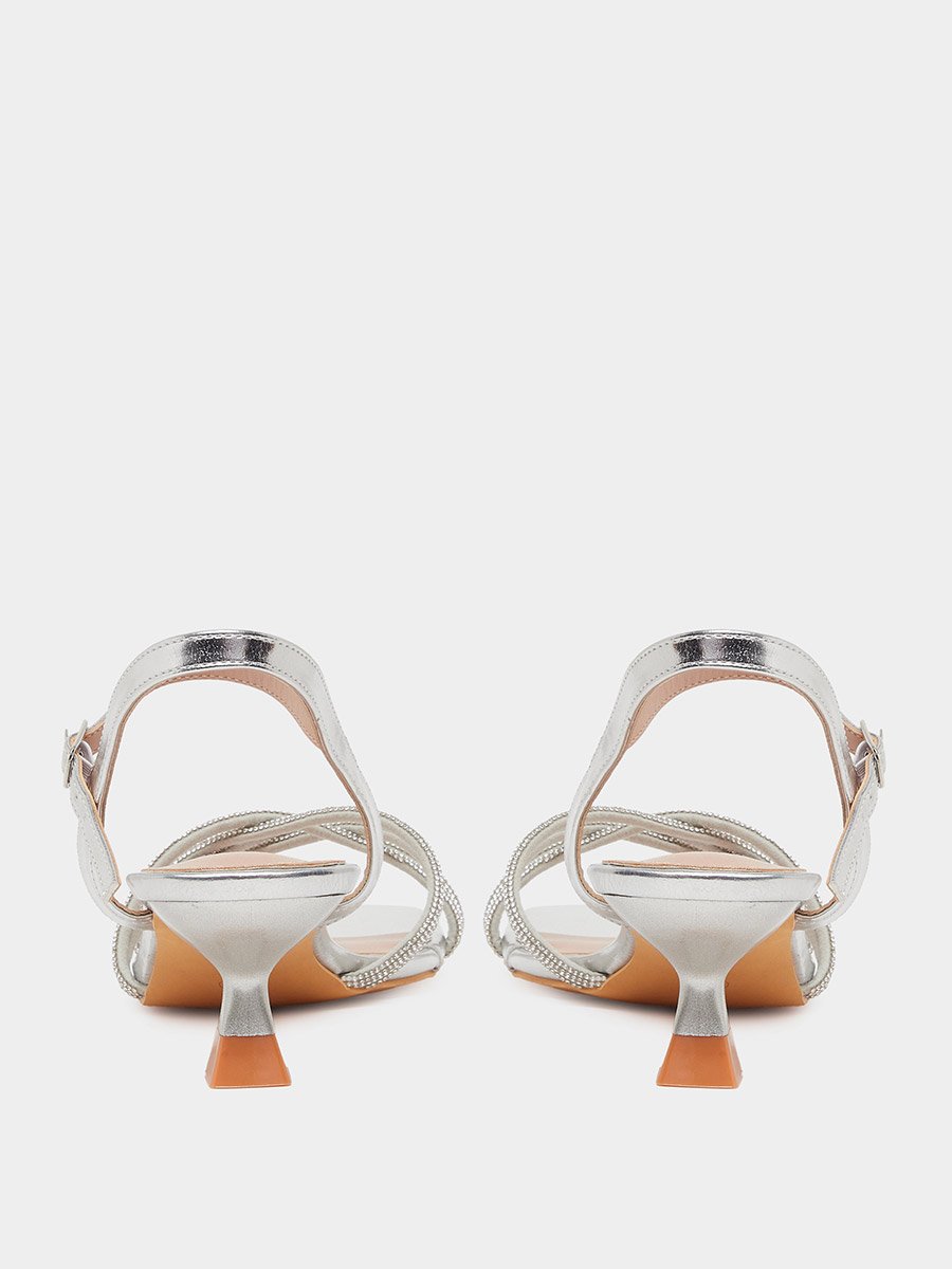 Silver Embellished Strappy Kitten Heel Sandals