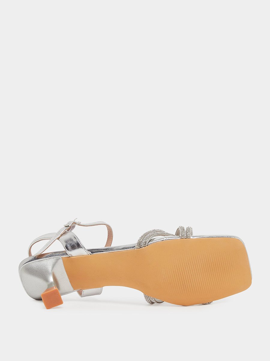 Silver Embellished Strappy Kitten Heel Sandals