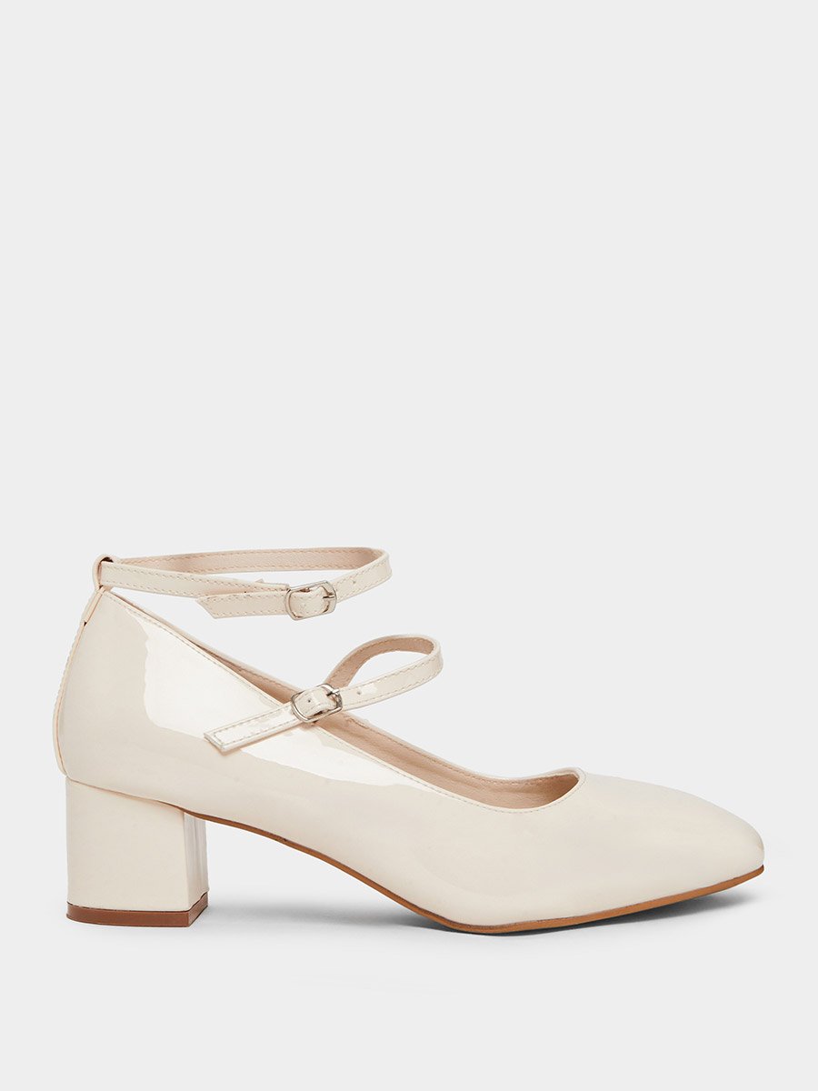 Beige Patent Block Heel Shoes