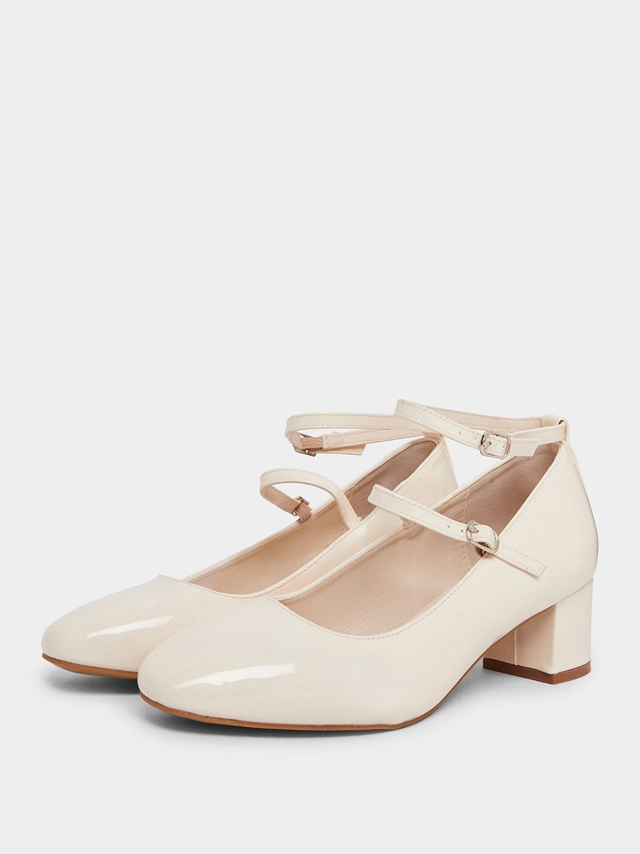 Beige Patent Block Heel Shoes