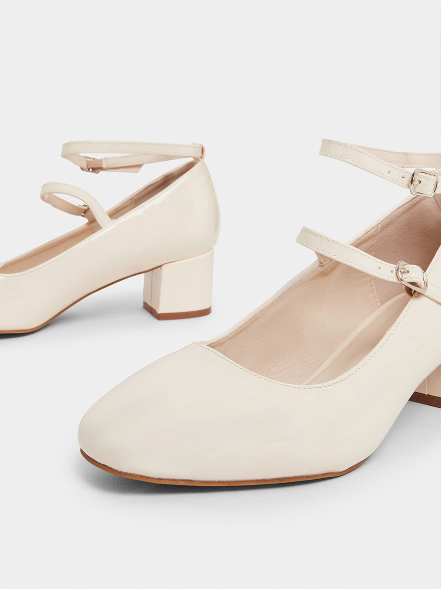 Beige Patent Block Heel Shoes