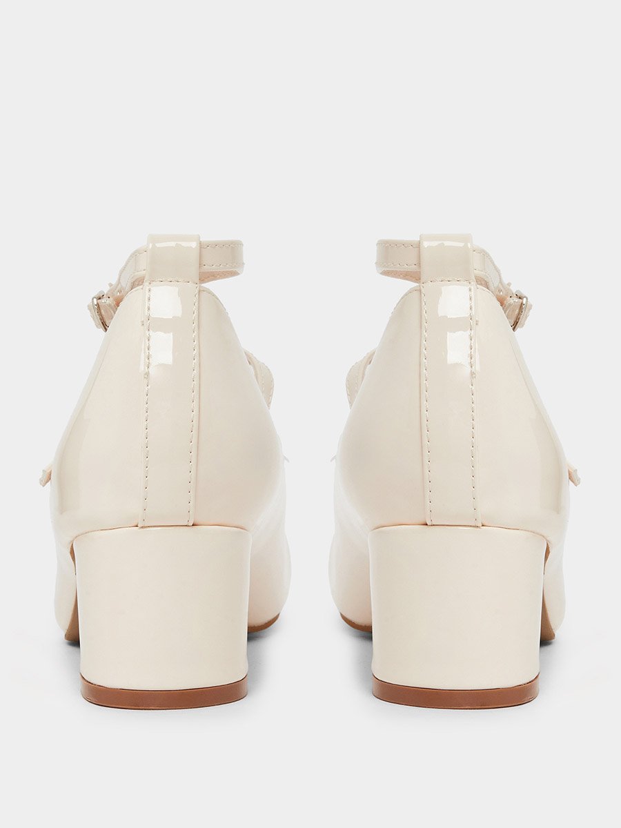 Beige Patent Block Heel Shoes
