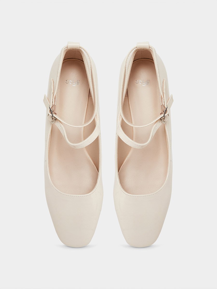 Beige Patent Block Heel Shoes