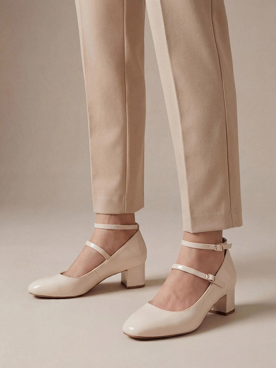 Beige Patent Block Heel Shoes
