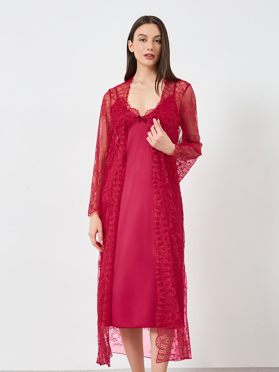 Red Satin Slip and Lace Robe Set