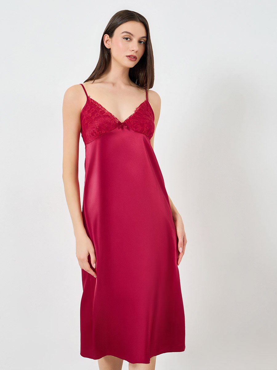 Red Satin Slip and Lace Robe Set