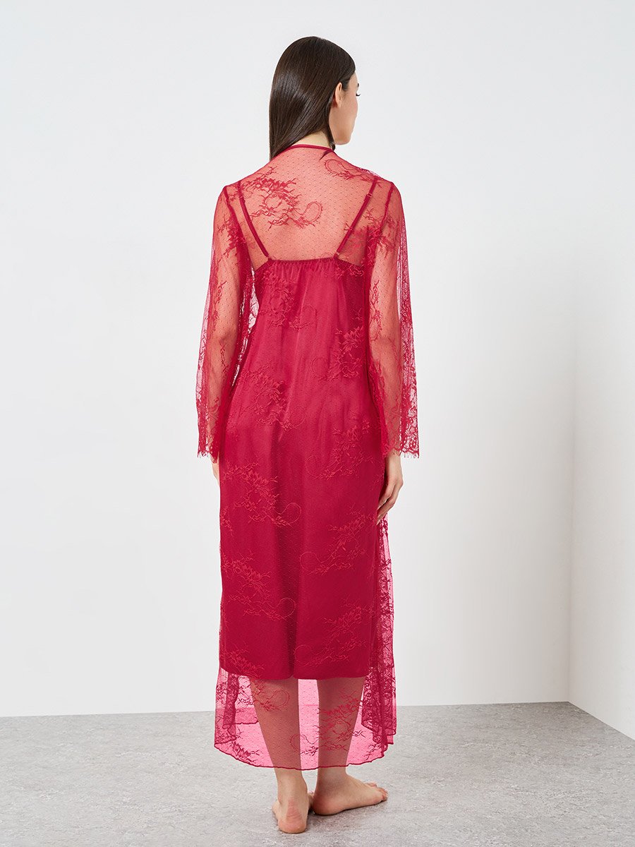 Red Satin Slip and Lace Robe Set