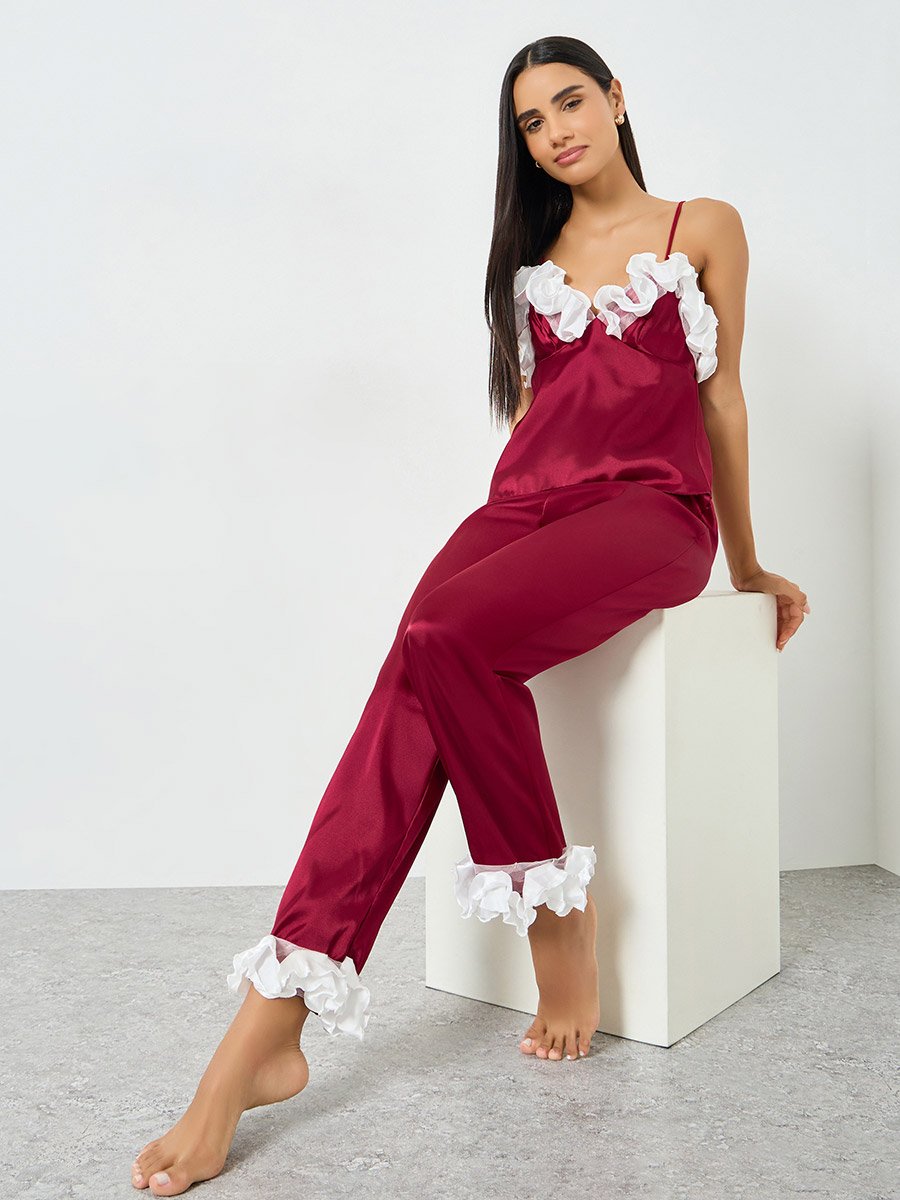 Red Ruffle Trim Satin Cami and Pyjama Set