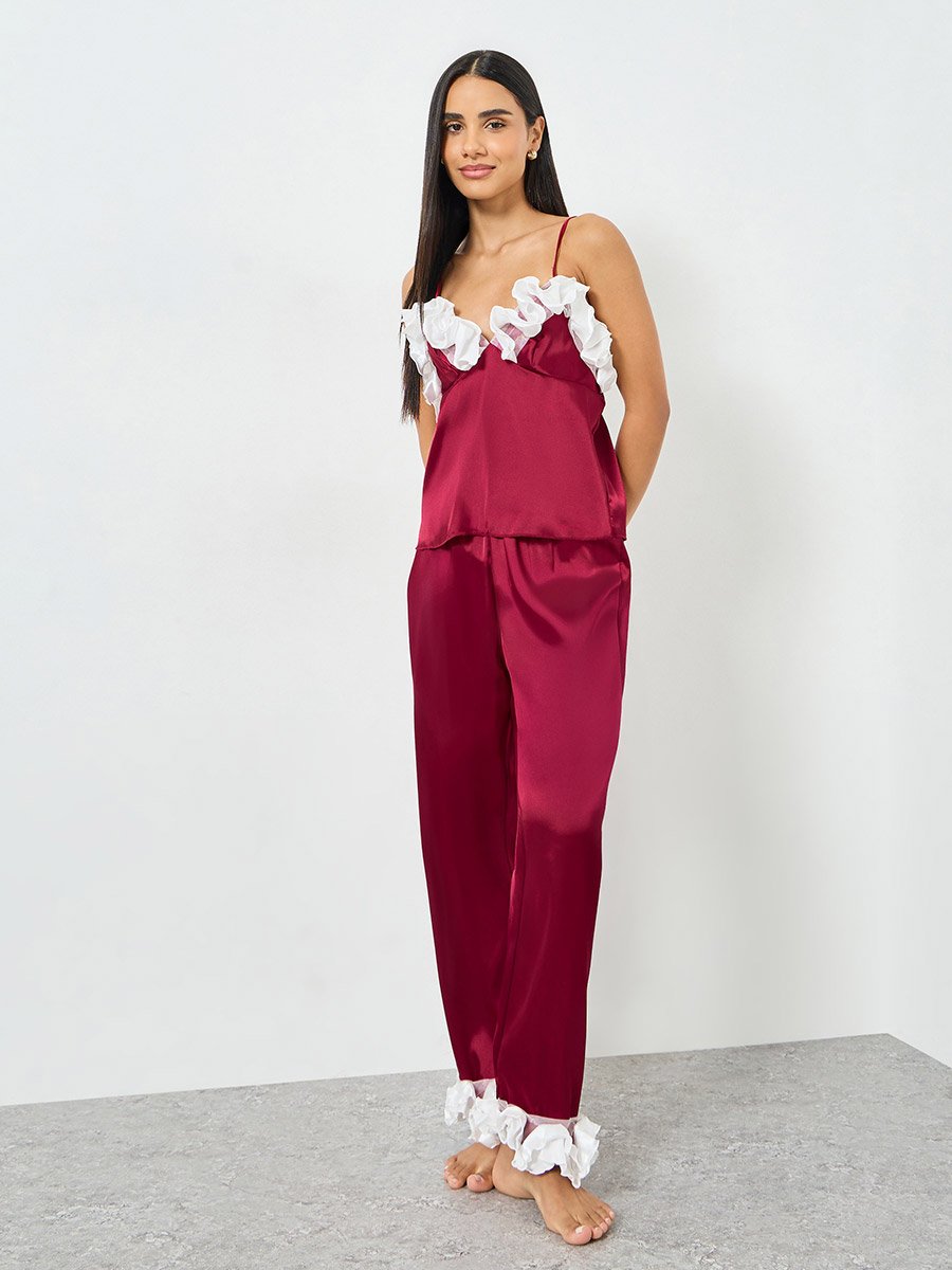 Red Ruffle Trim Satin Cami and Pyjama Set