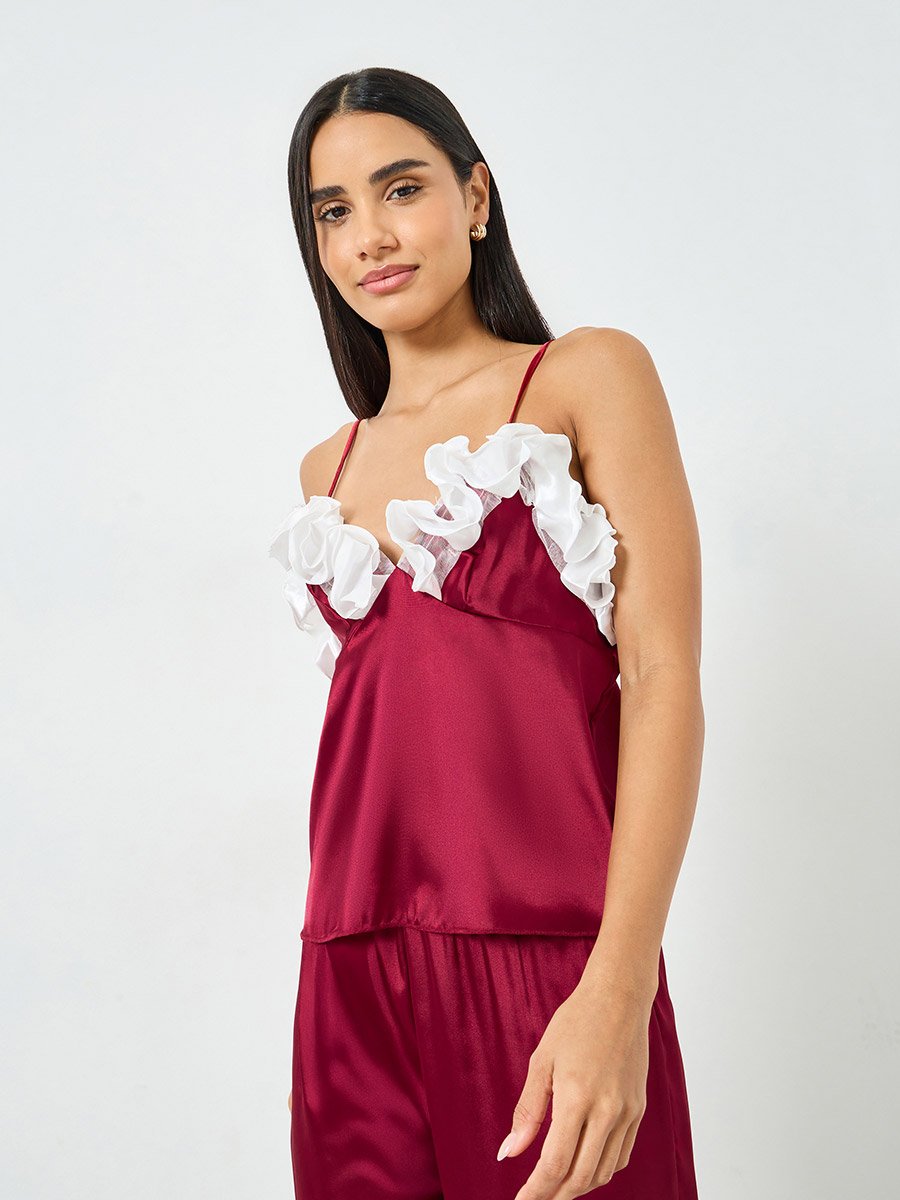 Red Ruffle Trim Satin Cami and Pyjama Set