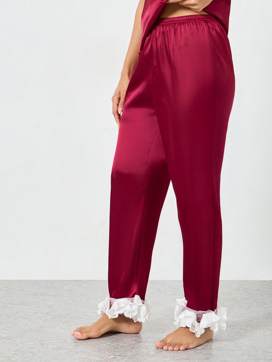 Red Ruffle Trim Satin Cami and Pyjama Set