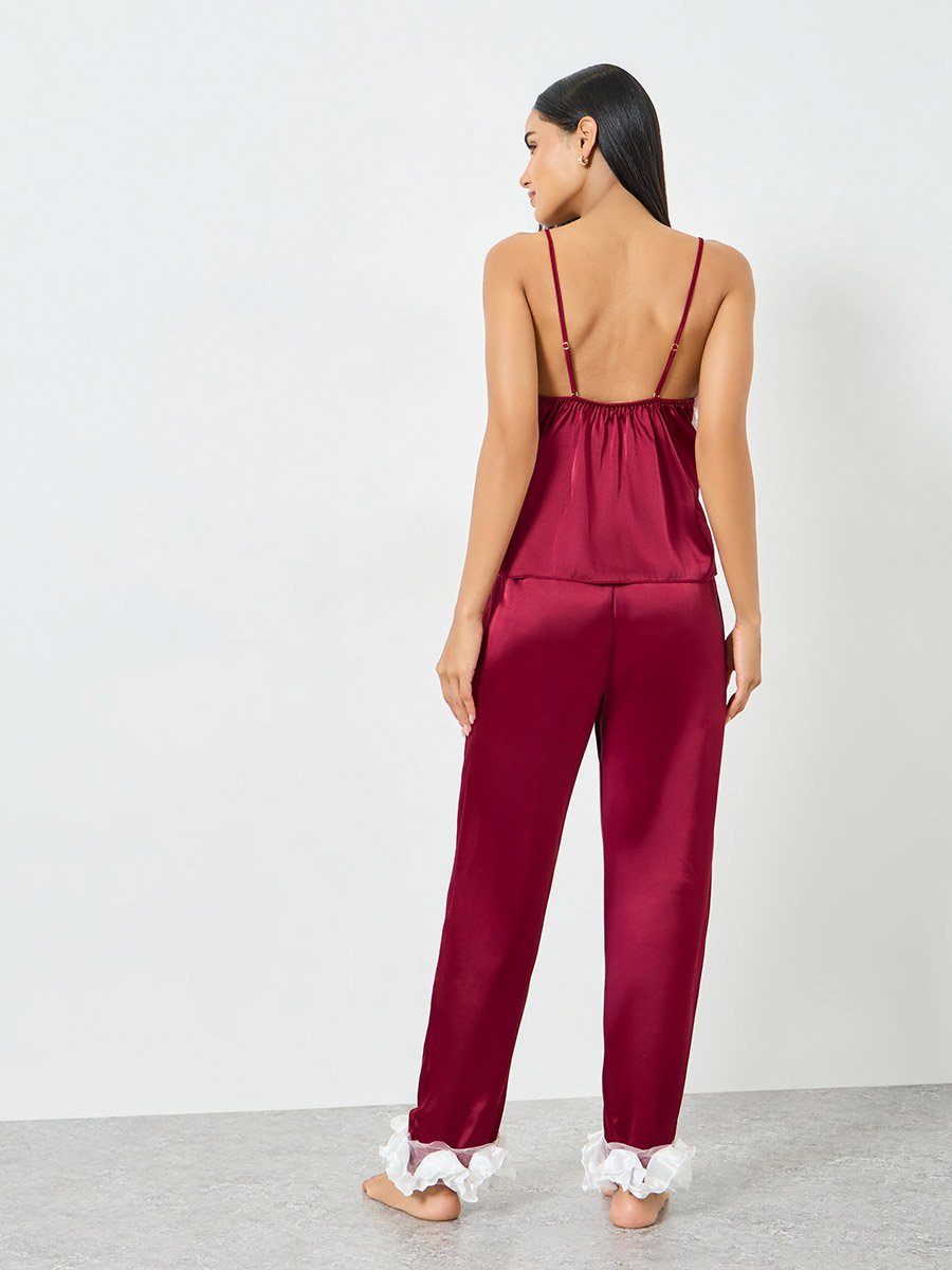 Red Ruffle Trim Satin Cami and Pyjama Set