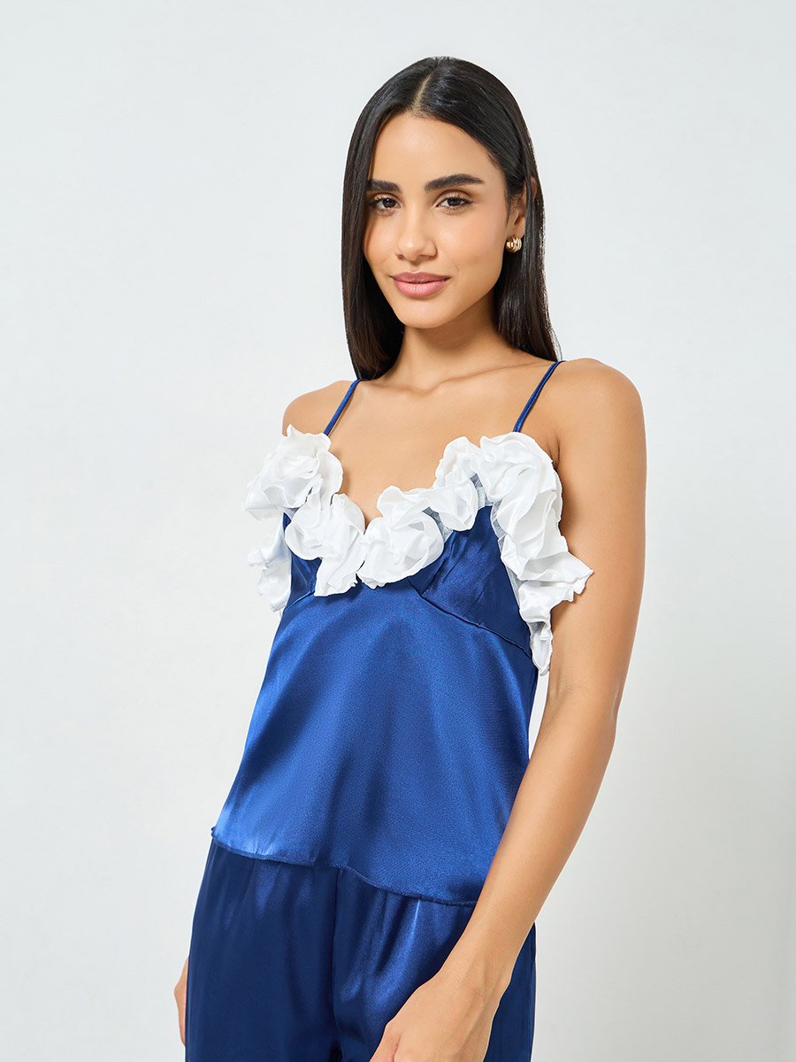 Navy Blue Ruffle Trim Satin Cami and Pyjama Set