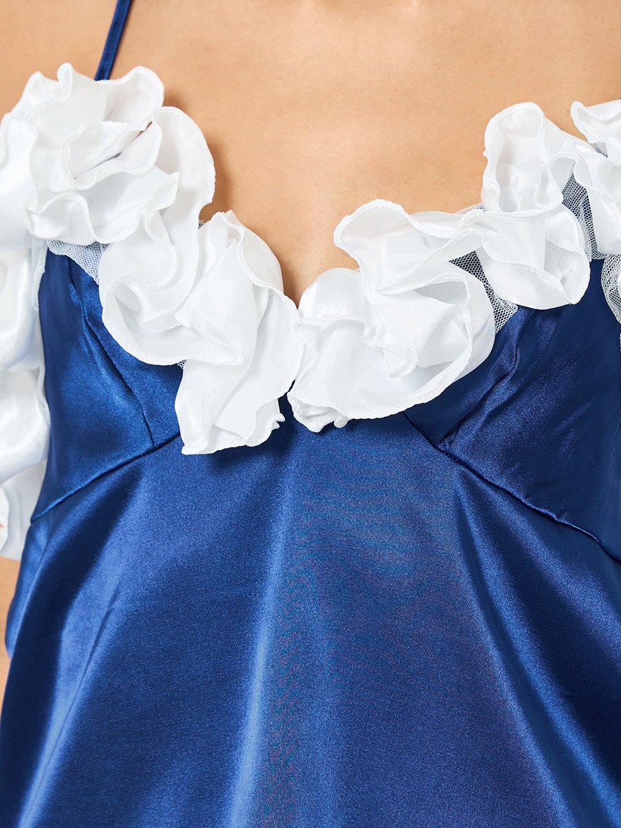 Navy Blue Ruffle Trim Satin Cami and Pyjama Set