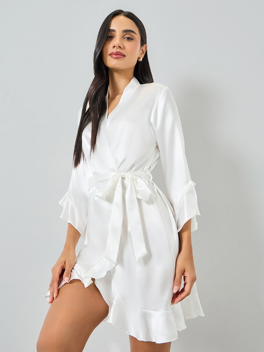 White Ruffle Trim Robe with Waist Tie