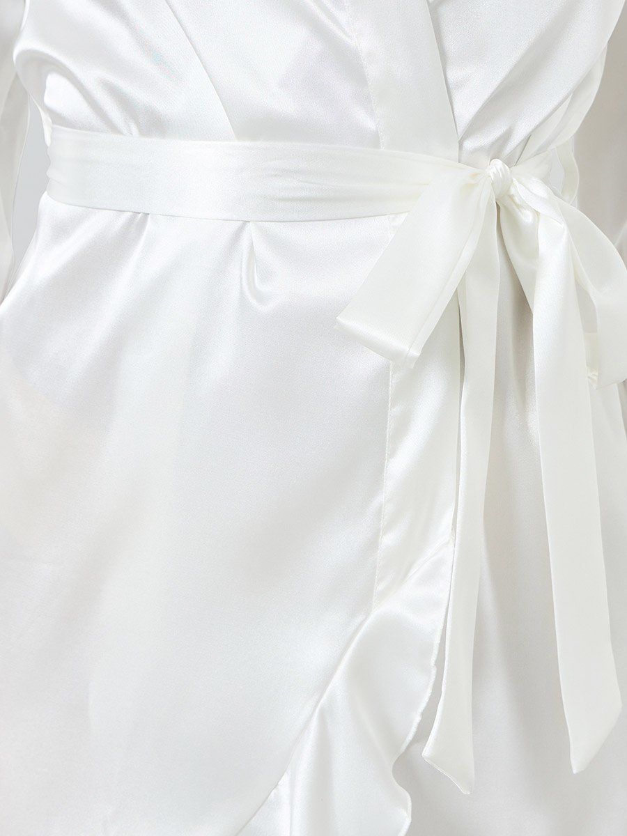 White Ruffle Trim Robe with Waist Tie