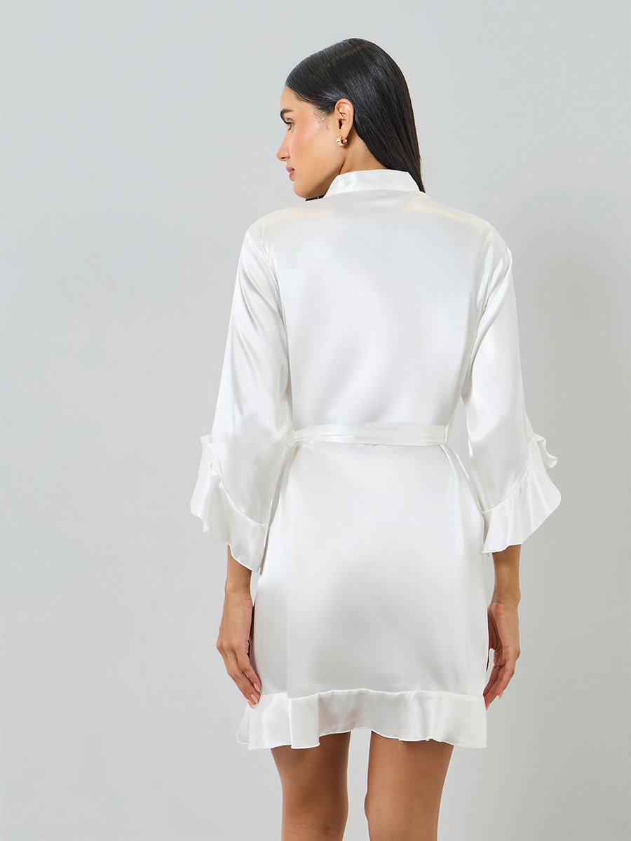 White Ruffle Trim Robe with Waist Tie