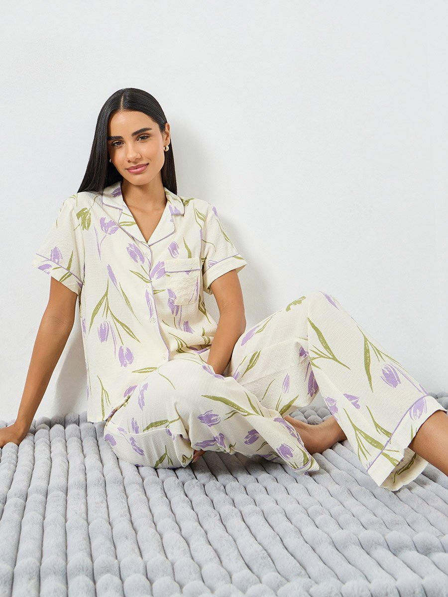 Cream Floral Print Pocket Detail Shirt and Pyjama Set