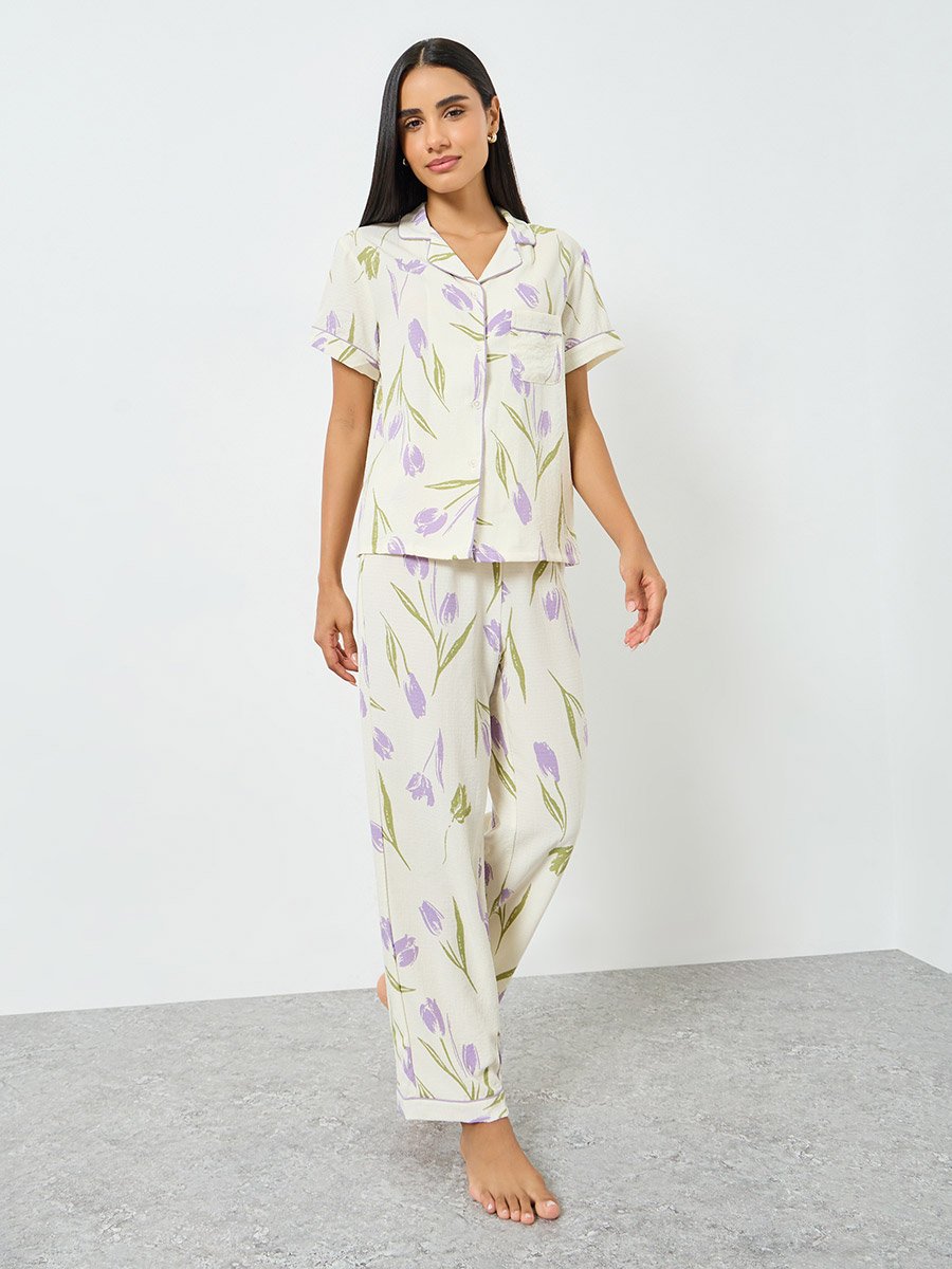 Cream Floral Print Pocket Detail Shirt and Pyjama Set