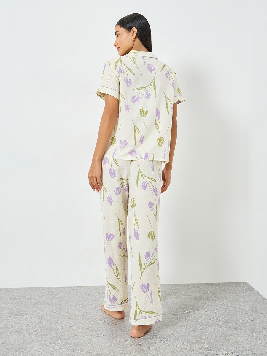 Cream Floral Print Pocket Detail Shirt and Pyjama Set