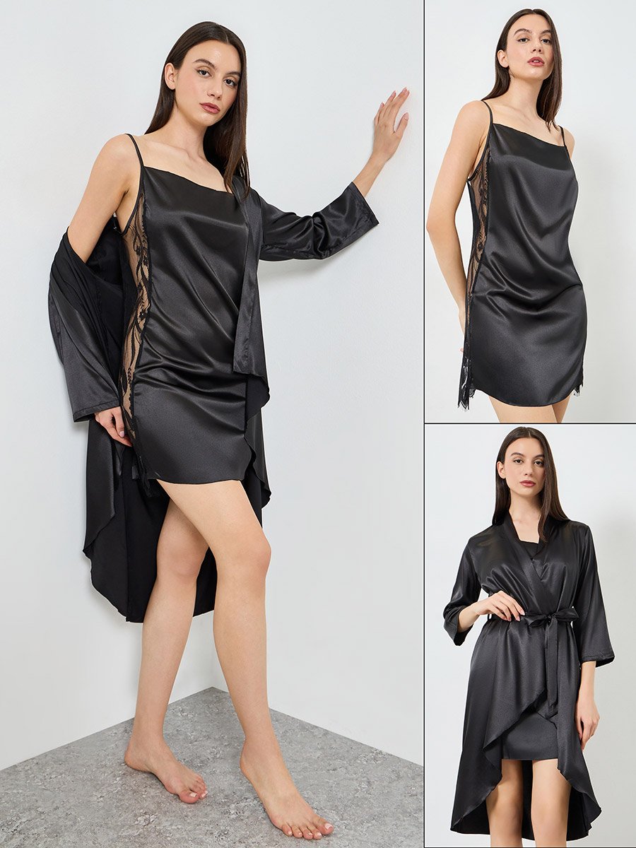 Black Side Lace Mesh Detail Slip and Robe Set