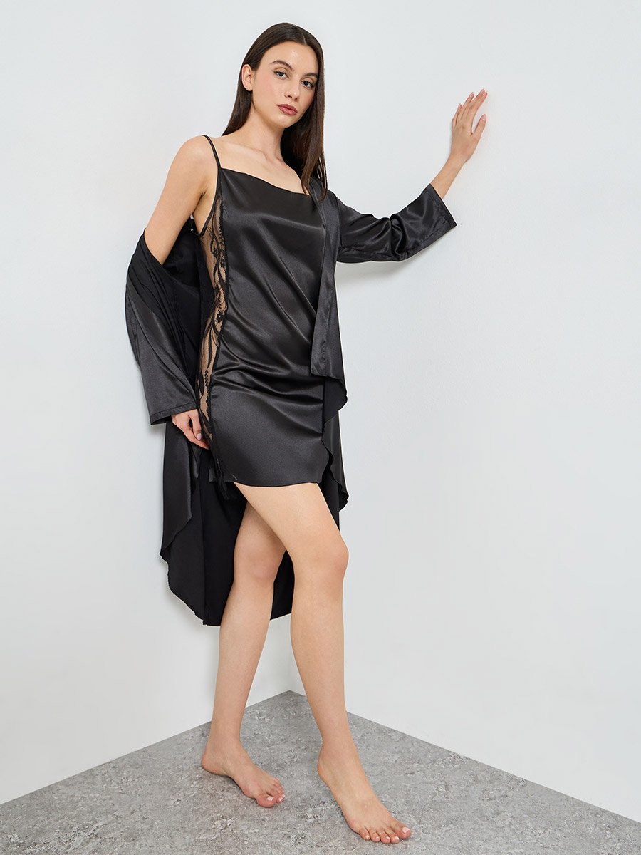 Black Side Lace Mesh Detail Slip and Robe Set