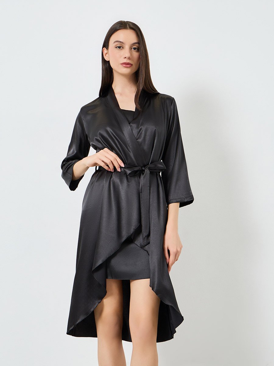 Black Side Lace Mesh Detail Slip and Robe Set
