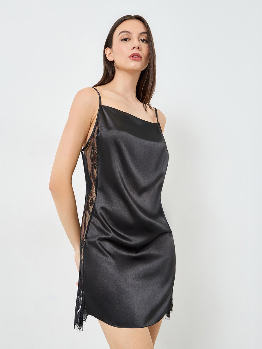 Black Side Lace Mesh Detail Slip and Robe Set