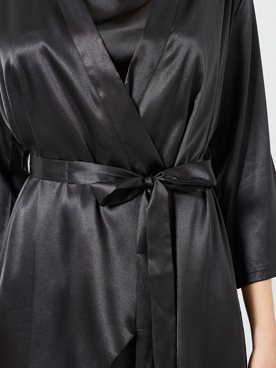 Black Side Lace Mesh Detail Slip and Robe Set