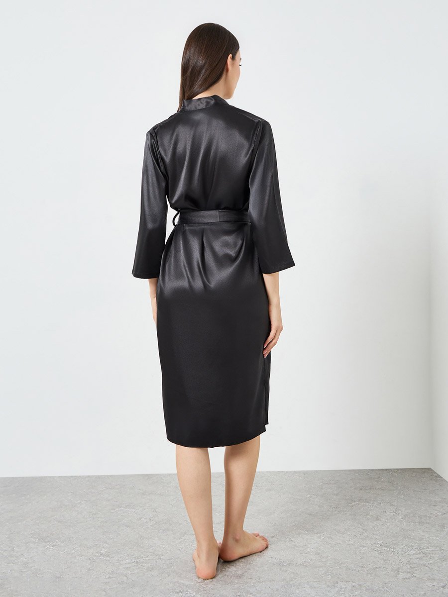 Black Side Lace Mesh Detail Slip and Robe Set