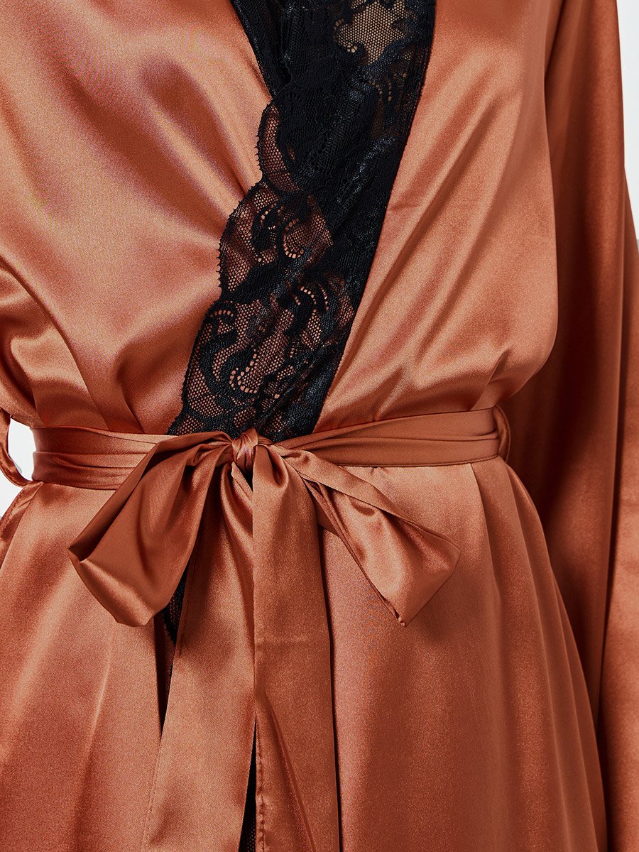 Bronze Lace Trim Long Sleeve Robe
