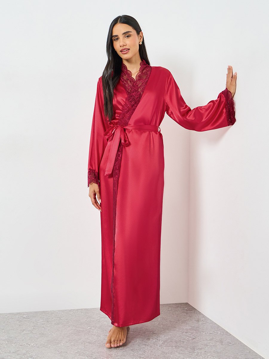 Red Lace Trim Long Sleeve Robe