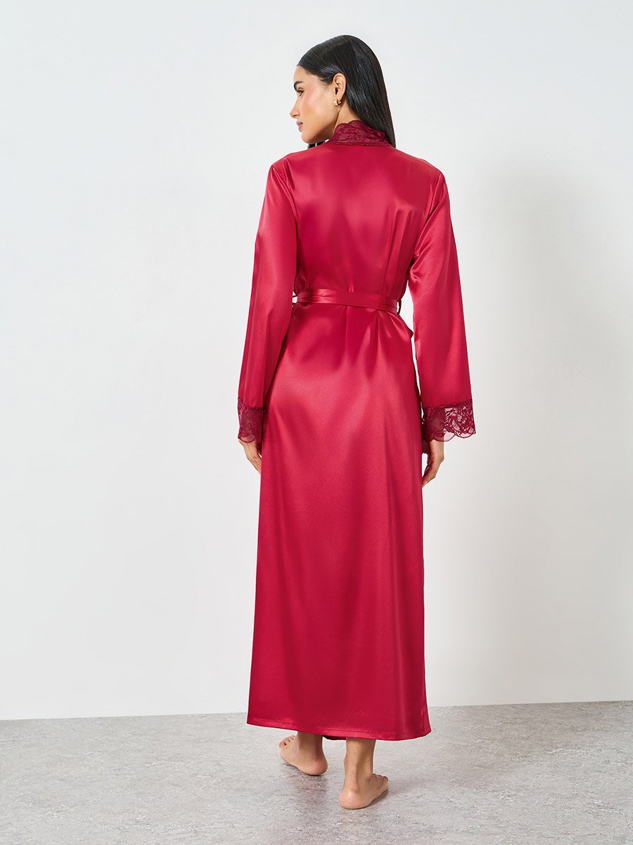 Red Lace Trim Long Sleeve Robe