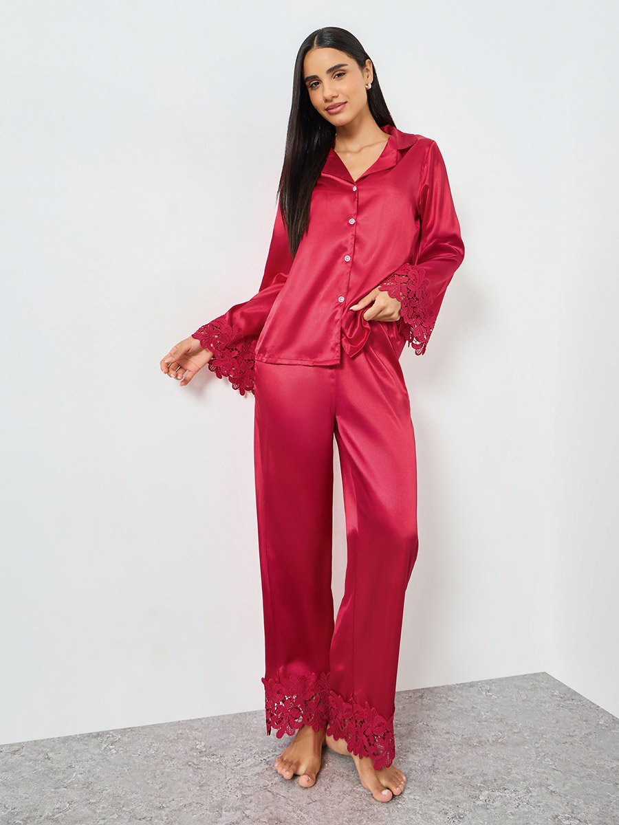 Burgundy Lace Trim Satin Shirt and Pyjama Set