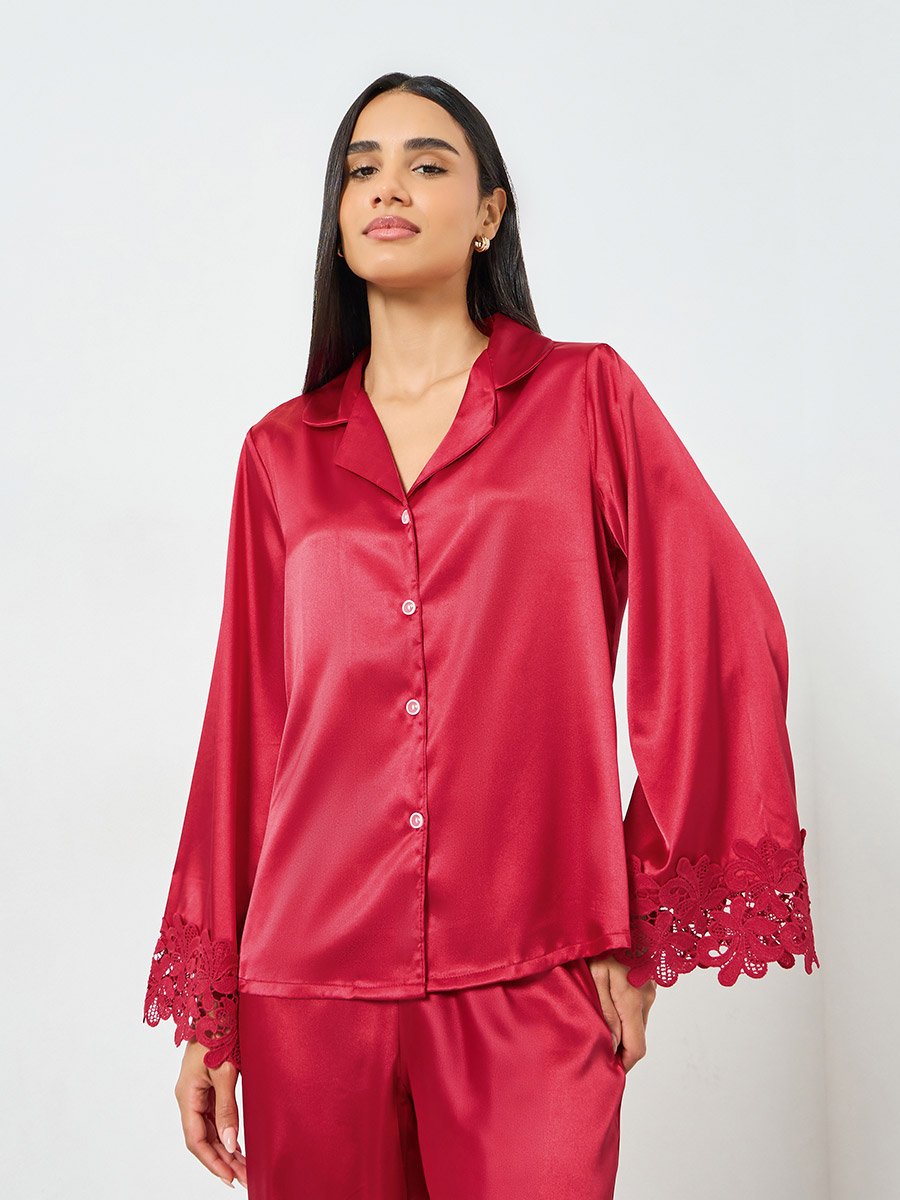 Burgundy Lace Trim Satin Shirt and Pyjama Set