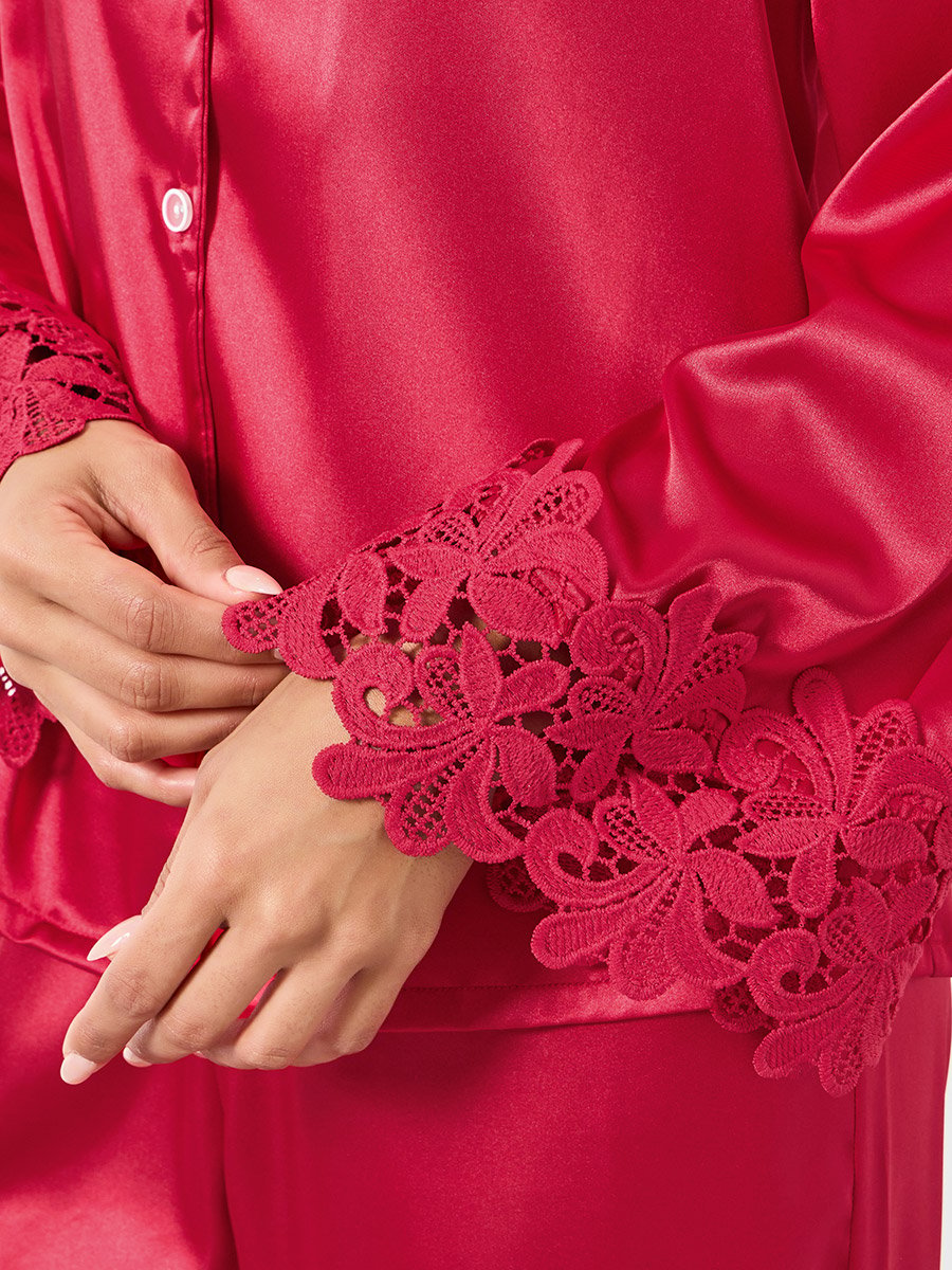 Burgundy Lace Trim Satin Shirt and Pyjama Set