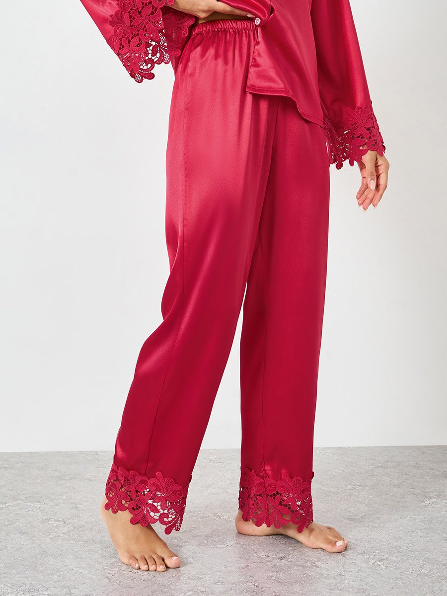 Burgundy Lace Trim Satin Shirt and Pyjama Set