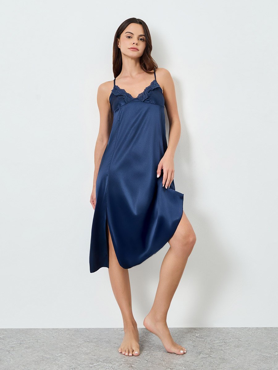 Navy Blue Satin Slip Dress with Lace Trim For Women at Kuwait | Styli Navy Blue Satin Slip Dress with Lace Trim For Women at Kuwait | Styli