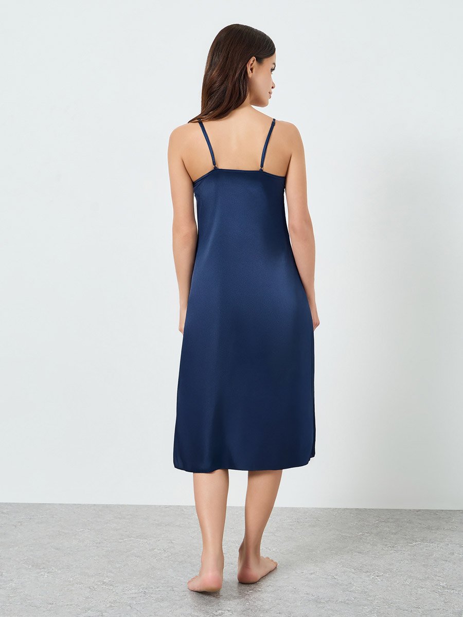 chinese dress ladies Navy Plaid Lace Trim Slip Dress