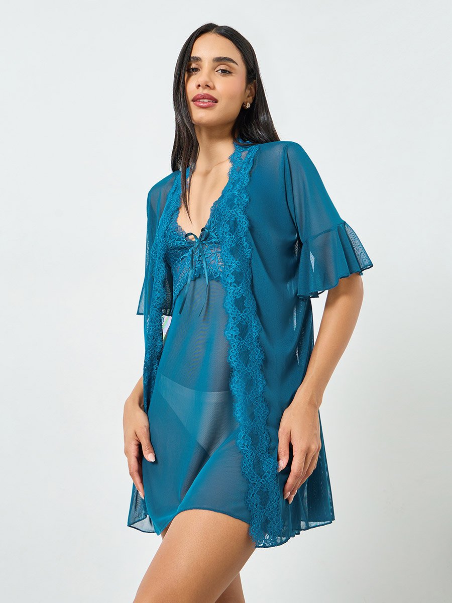 Pack of 2 -  Lace Trim Sheer Robe and Slip Set