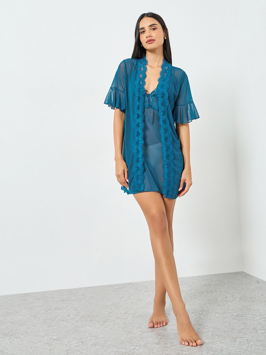 Pack of 2 -  Lace Trim Sheer Robe and Slip Set