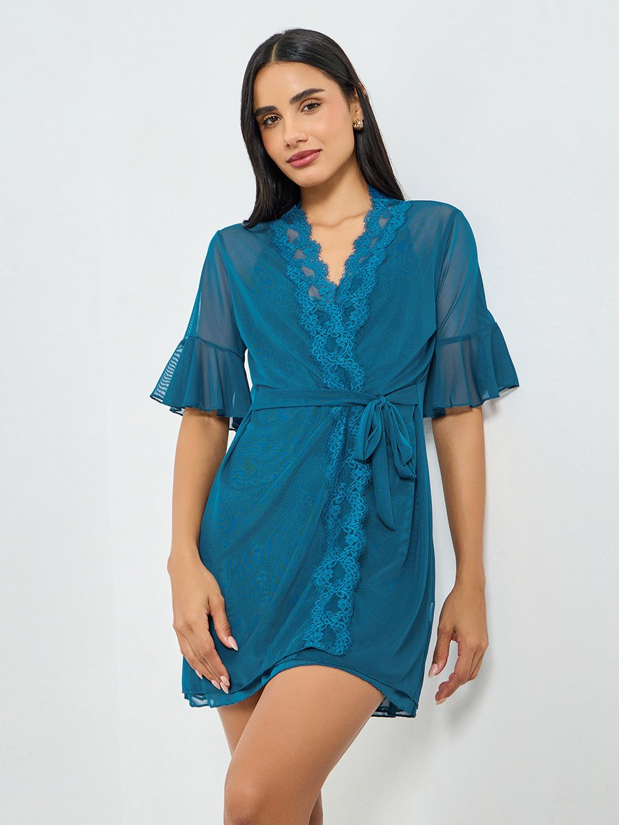 Pack of 2 -  Lace Trim Sheer Robe and Slip Set