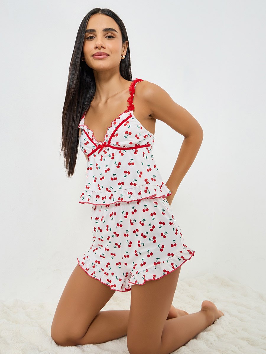 White Cherry Graphic Print Ruffle Hem Camisole and Shorts Set
