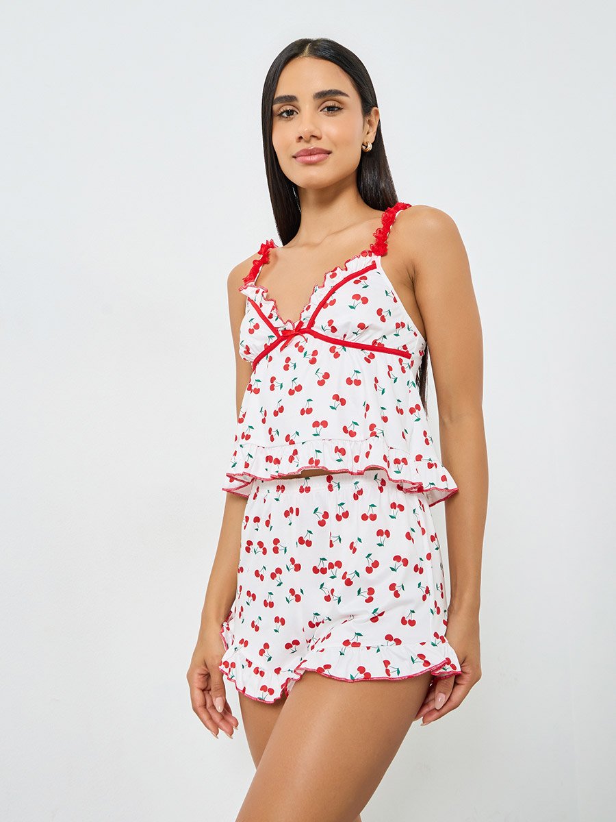 White Cherry Graphic Print Ruffle Hem Camisole and Shorts Set
